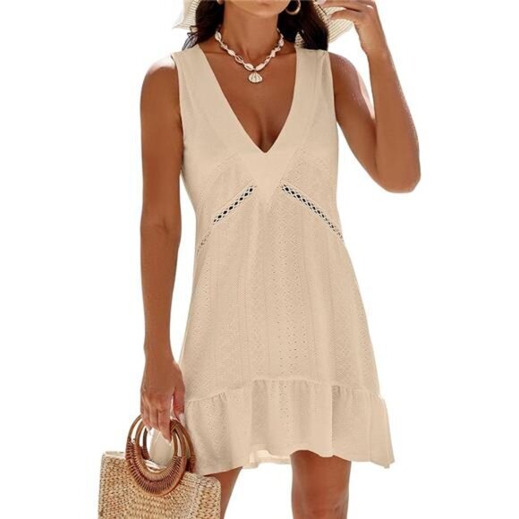 Womens Swimsuit Cover Up V Neck Bathing Suit Cover Ups Eyelet‎ Beach Dress - Picture 7 of 14